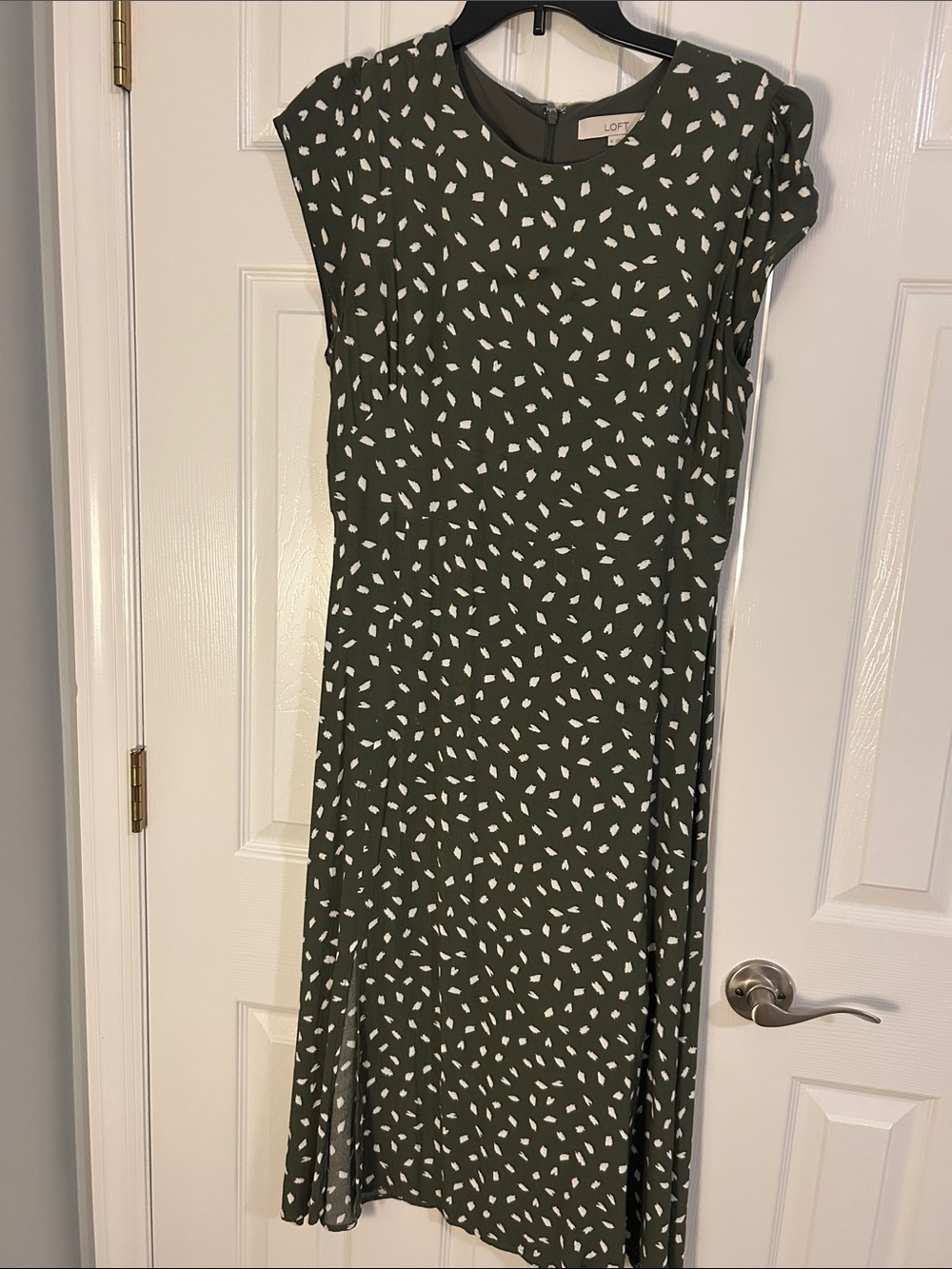 LOFT Olive Green Midi Dress with White Abstract Print